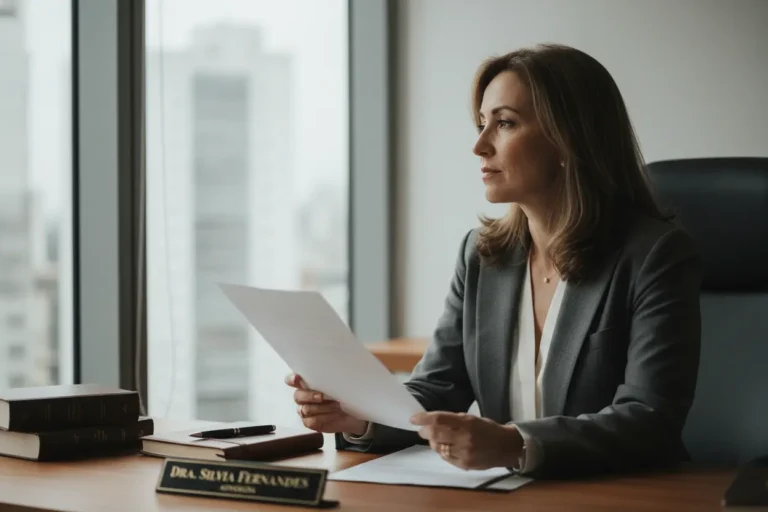 Mulher pensativa em escritório, simbolizando o início de um divórcio litigioso.