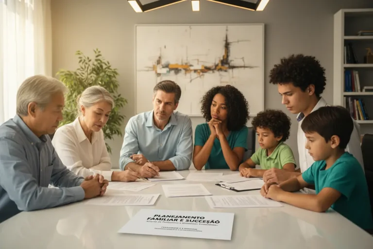 Família reunida analisando documentos de herança