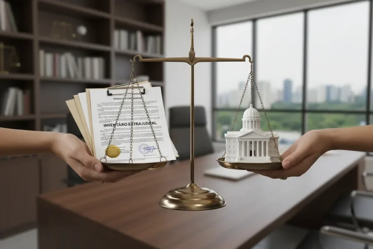 Balança da justiça com documentos de inventário extrajudicial e judicial
