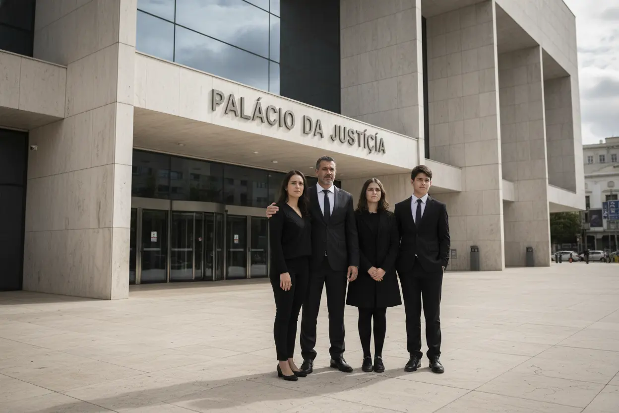 Família em frente ao tribunal para inventário judicial