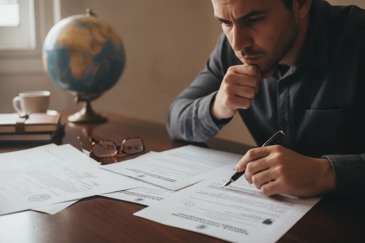 Desafios Legais no Divórcio Internacional Pessoa analisando documentos legais de divórcio internacional