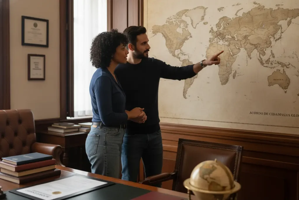 Casal analisando mapa-múndi sobre divórcio internacional
