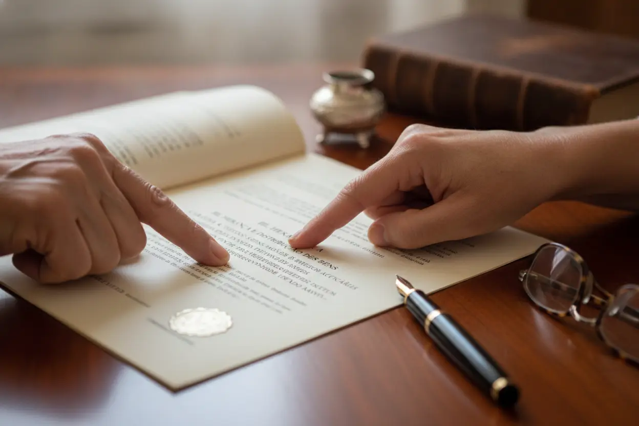 Entendendo o Inventário com Testamento Como funciona o inventário quando há testamento, com mãos apontando para um documento legal.