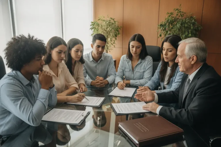 Família e advogado revisando documentos de inventário com testamento em escritório.
