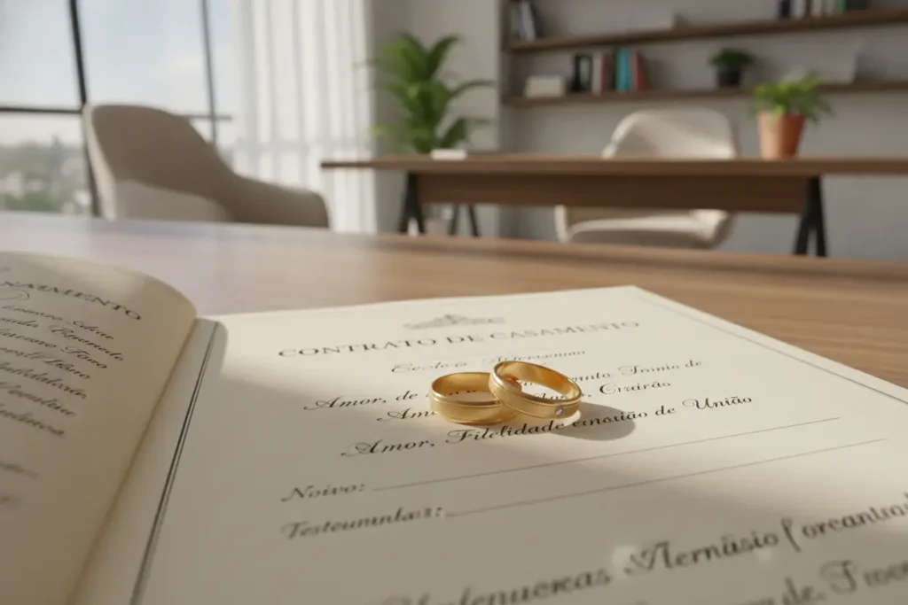 alianças de casamento sobre contrato simbolizando regime de bens